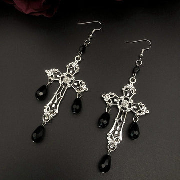 Gorgeous Fashion Black Cross Garnet and Crystal Chandelier Earrings - Large Gothic Statement Christian Jewellery - The Jewellery Supermarket
